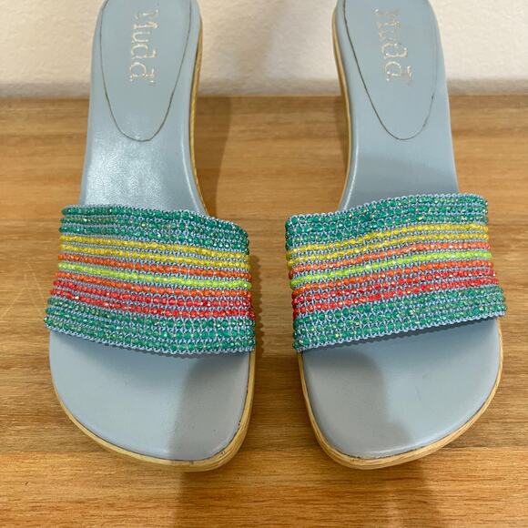 Mudd Vintage Shenna Rainbow Beaded Wood Detail Heels Light Blue 90s Y2K Size 10 - Picture 3 of 11